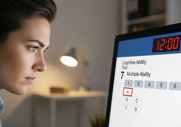 A person taking a timed cognitive ability test on a computer.